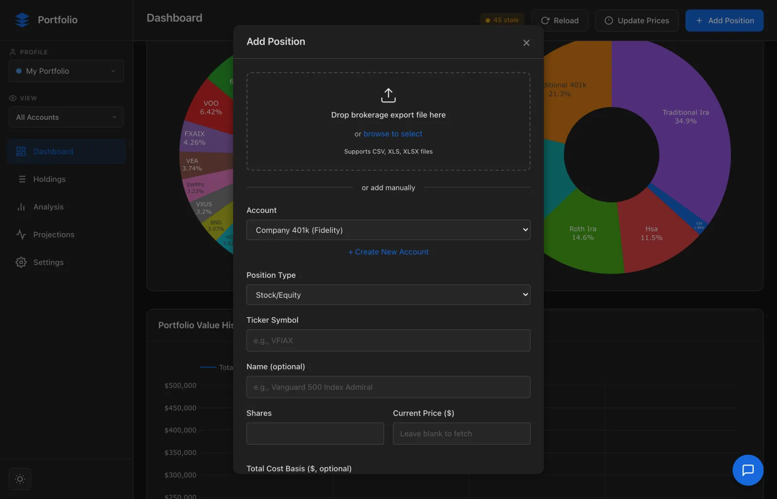 Finlity dashboard showing portfolio overview, risk metrics, and retirement projections